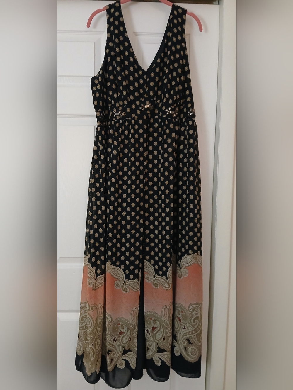 Dress Barn Black and Gold Polka Dot Maxi Dress with Coral Border